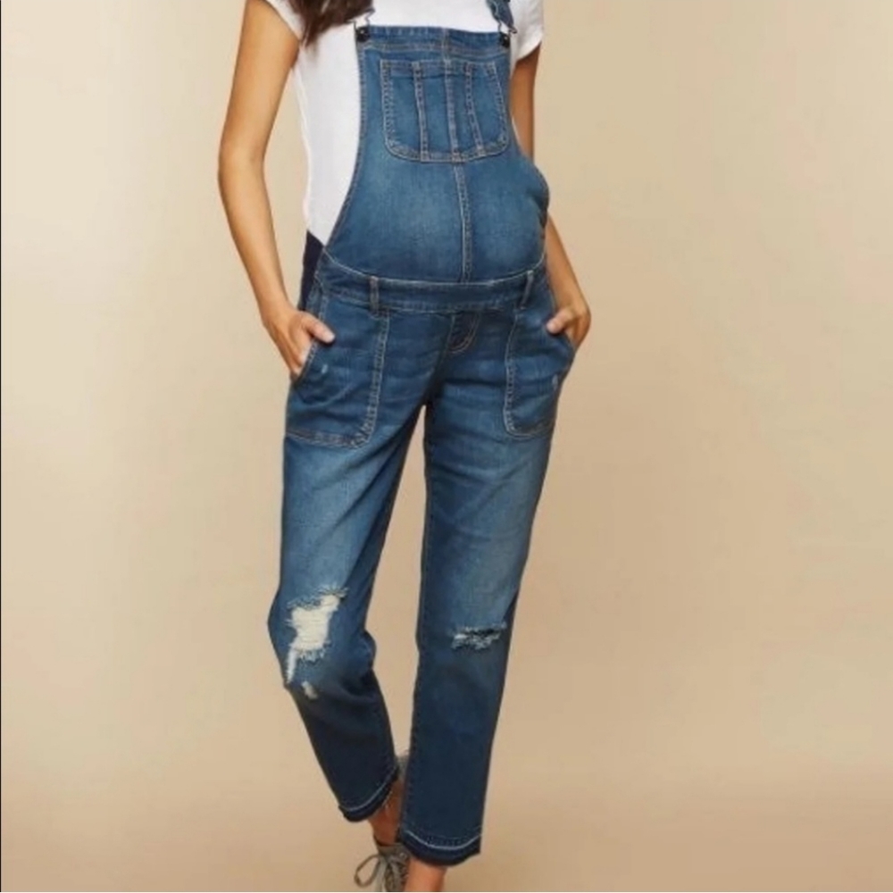 INDIGO BLUE Distressed Maternity Jean Overalls XSMALL